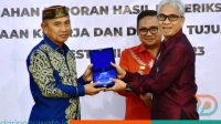 Bupati Pohuwato, Saipul A. Mbuinga, menerima penghargaan dari Badan Pemeriksa Keuangan Republik Indonesia (BPK RI) Perwakilan Provinsi Gorontalo, Ahmad Luthfi H. Rahmatullah, S.E.,M.H.,Ak.,CA,CSFA. Sumber Foto: Humas Pemda Kabupaten Pohuwato.